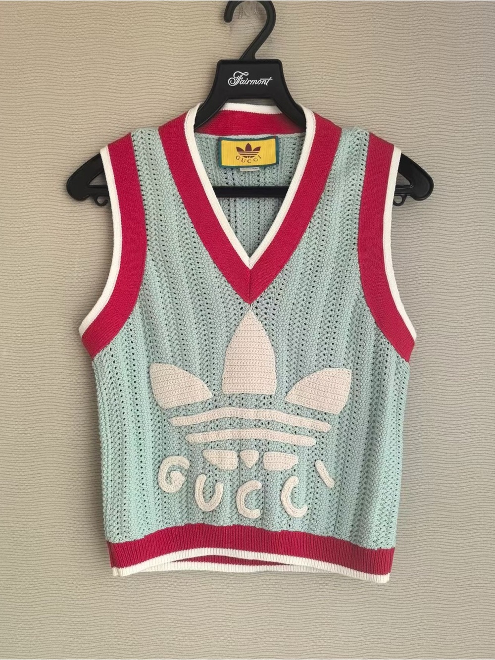 Gucci Mint Crochet V-Neck Sweater Vest with Pink Trim